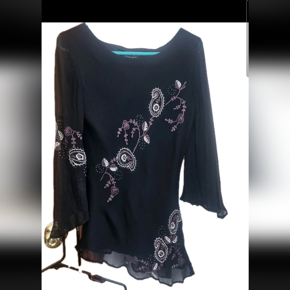 100% Silk Silkland Black and Purple Women's Top Blouse